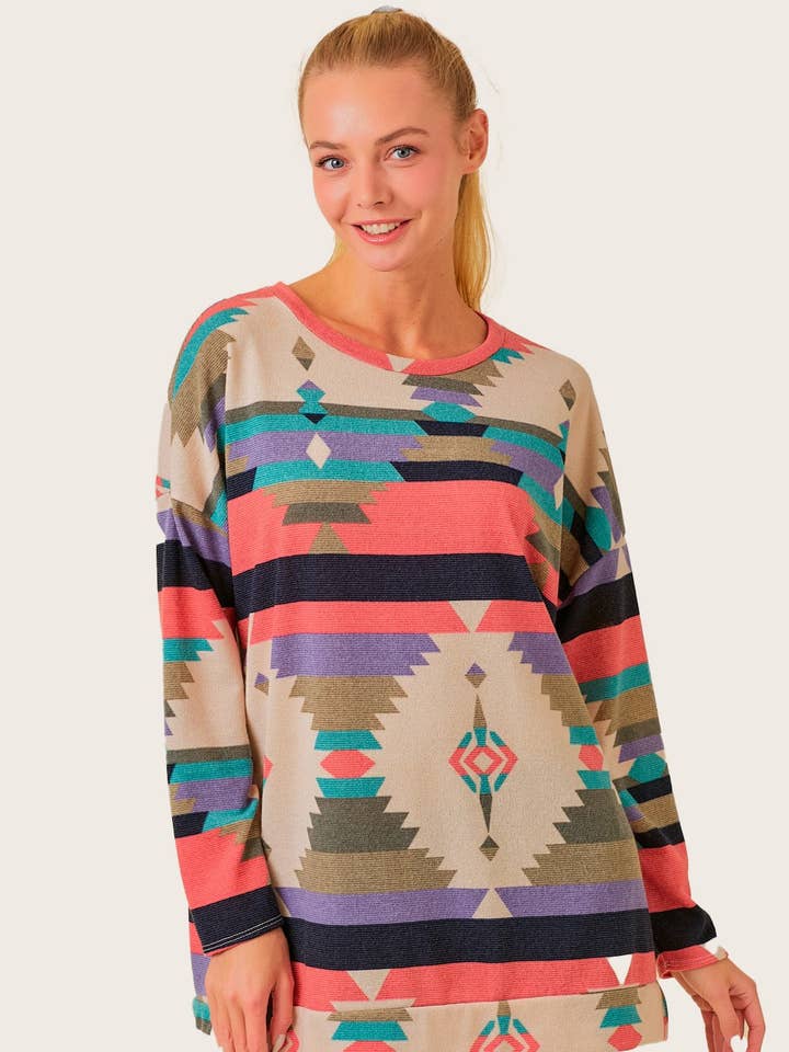 PINK AZTEC PRINT PLUS SIZE LONG SLEEVE SWEATERS-SHB5228X for wholesale by Stylish Wholesale