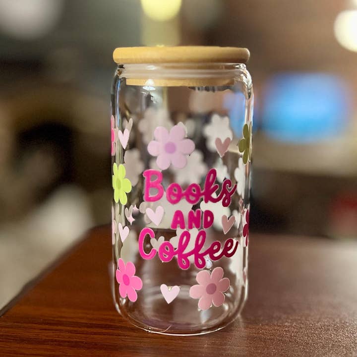 Books and Coffee Glass Storage Jar | Cute Flower Heart Bookish Kitchen Decor | Airtight Bamboo Lid | Gift for Readers & Coffee Lovers for wholesale by Tomes and Troves, LLC