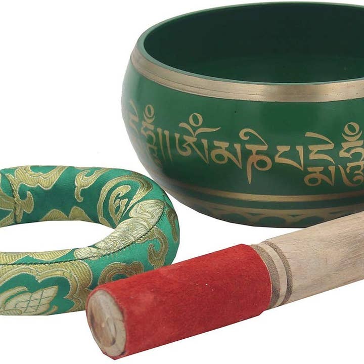 Lungta Imports - Wholesale Sheet set - Tibetan Meditation Om Mani Padme Hum Singing Bowl Complete Set (X-Large, Green)4