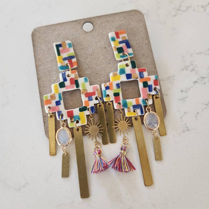 Asymmetrical Rainbow Pixel Geometric Tassel Earrings for wholesale by Crown & Heart