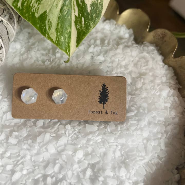 Moonstone Gemstone Stud Earrings | 8mm Hexagon Cabochon for wholesale by forest & fog