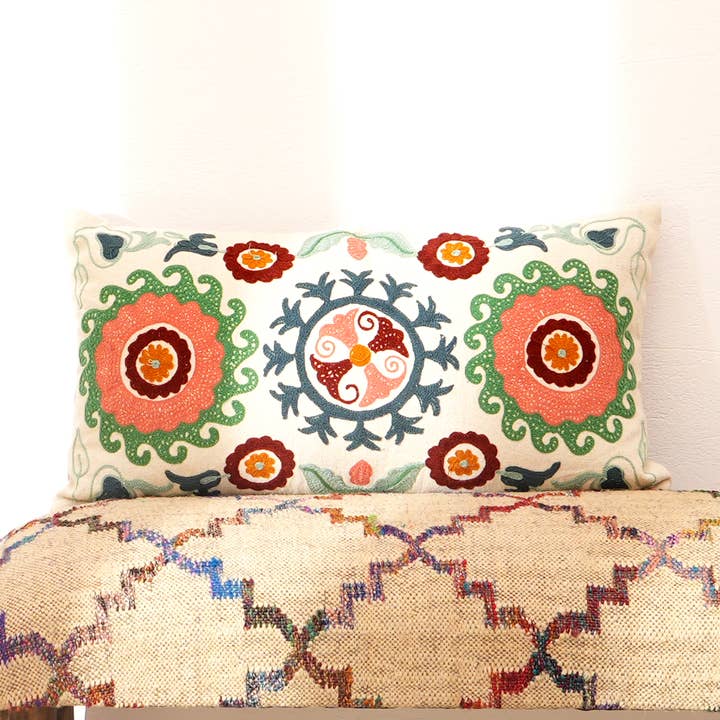 Lumbar Pillow | Suzani Embroidered Multicolor Pillow -26X14" for wholesale by ExpoBazaar