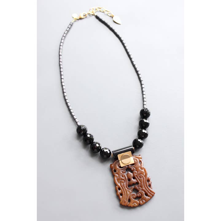David Aubrey Jewelry - Wholesale Pendant/Charm Necklace - HYL319 Jade and black agate pendant necklace