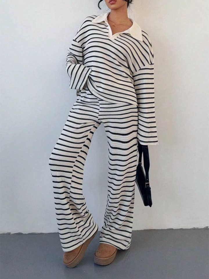 Waffle eyelets striped long-sleeved top sweatshirt pants set and other Purchase Wholesale striped jumpsuit. Free Returns & Net 60 Terms on Faire trending on Faire.