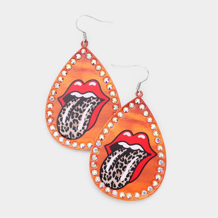 Lip Print Stone Trim Metal Teardrop Earrings for wholesale by Sensibling Corp.