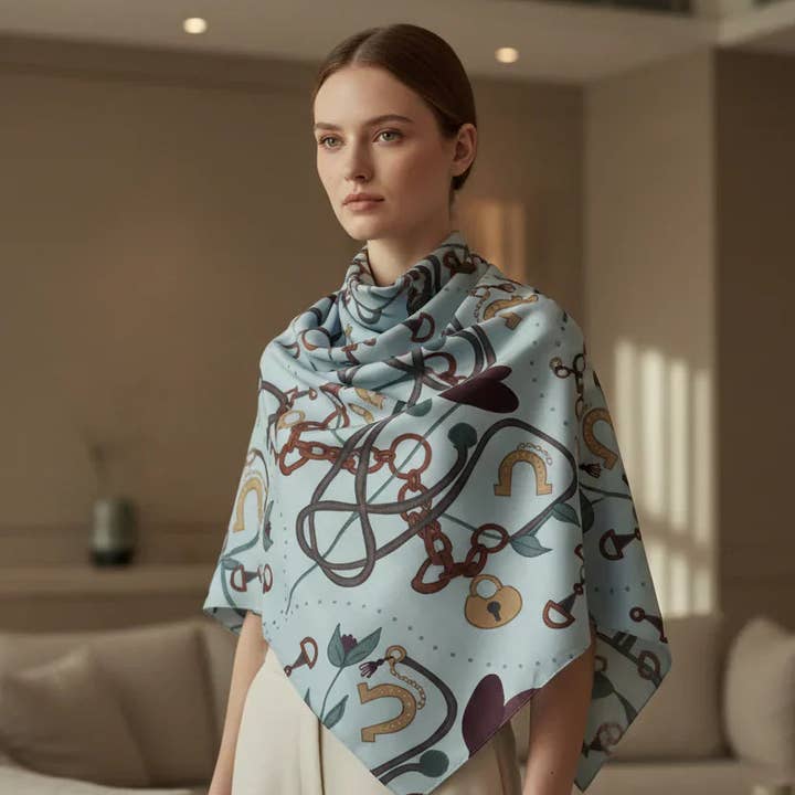 Year of the Horse 2026 Silk Scarf - Soft Blue for wholesale by Design by Lola
