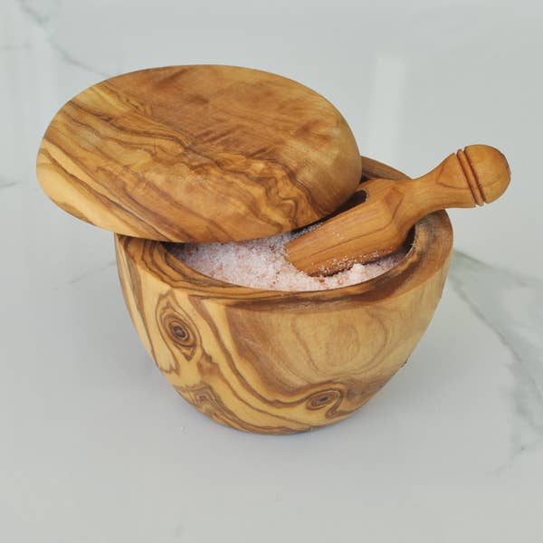 Naturally Med Inc. - Wholesale Salt Mill - Olive Wood Salt Cellar and Salt Scoop Gift Set