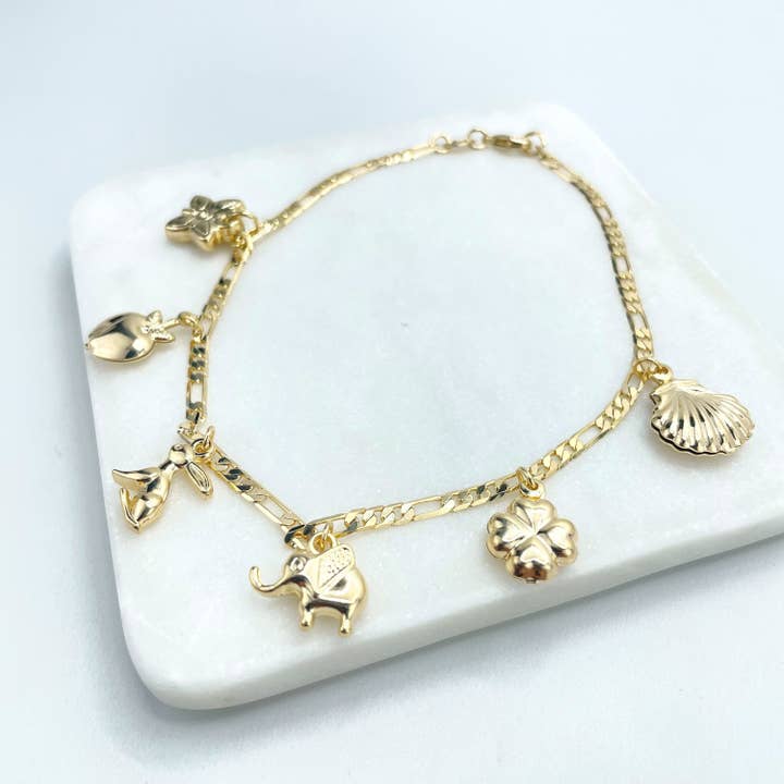 DIJU Jewelry - Wholesale Anklet - 18k Gold Filled 3mm Figaro Chain Anklet with Dangle Charms, Butterfly, Bunny, Apple, Elephant, Clover & Shell, Wholesale Jewelry Supplies