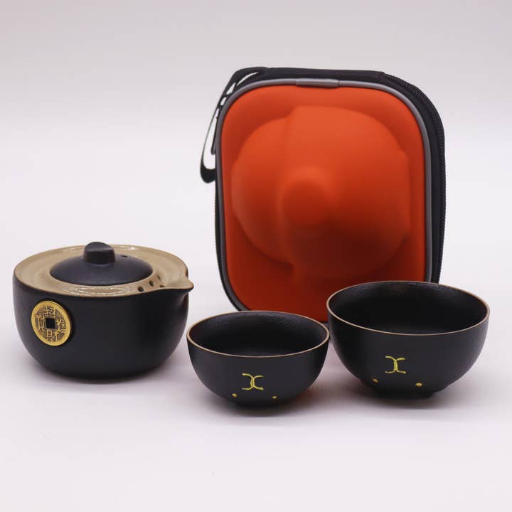 Ancient Wisdom – wholesale Tea set – Money Cat Teapot Set - Two Cups - Black2