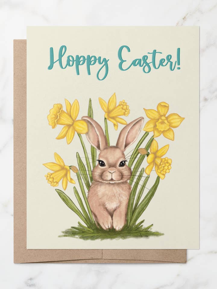 Lapin de Pâques bondissant dans les jonquilles — Carte de vœux | A2 pour la vente par Lucid Moon Studio, LLC