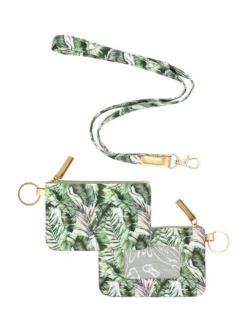 Portefeuille d'identification avec feuilles tropicales dessinées à la main et lanière amovible pour la vente par Apparel Candy