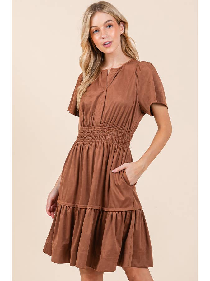 Mocha 2024 NEW - Suede Smocked Waist Short Sleeve Dress for wholesale on Faire