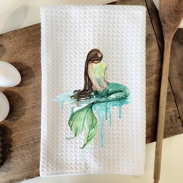 Akvarel Mermaid Waffle Weave viskestykke viskestykke for engroshandel hos Prairie Chicken Sticker Shop & Gifts