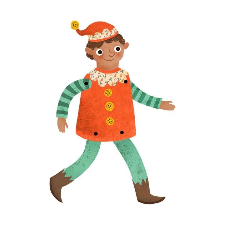 Emily Nash Illustration Greeting Cards - Wholesale Christmas card - Christmas Elf Split Pin Puppet A5 Christmas Card1