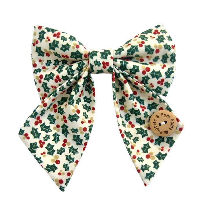 Puppies & Pom Poms - Wholesale Pet Bow Tie - Dog - Handmade Dog Sailer Bow Tie - Christmas Holly