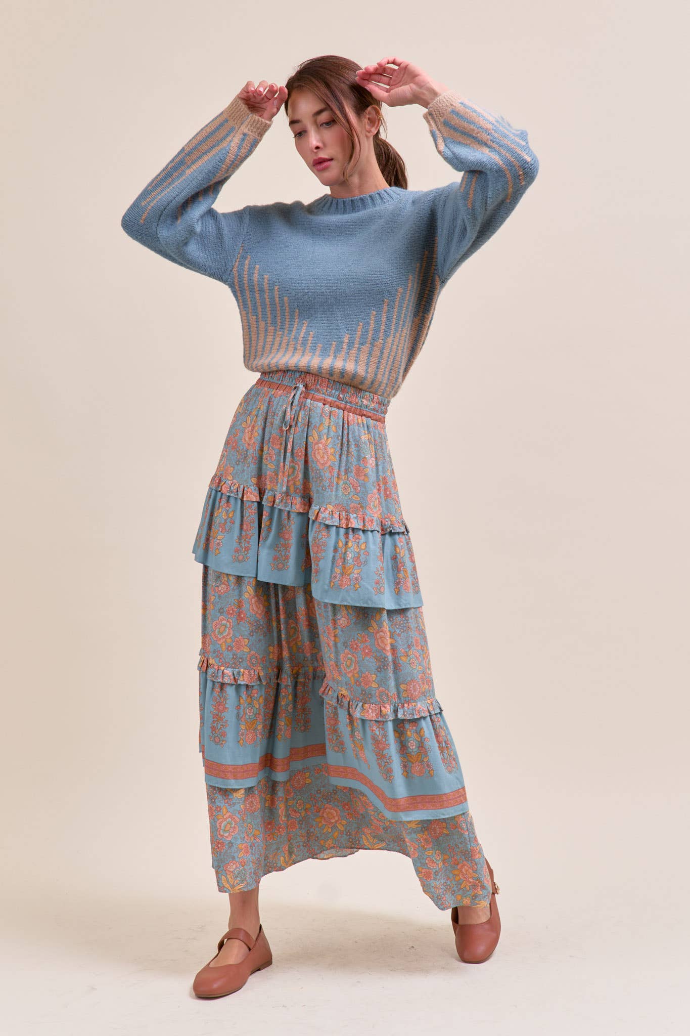 &MERCI - Wholesale Skirt - Women's - RUFFLE TIERED BORDER PRINT MIDI SKIRT MSK416617