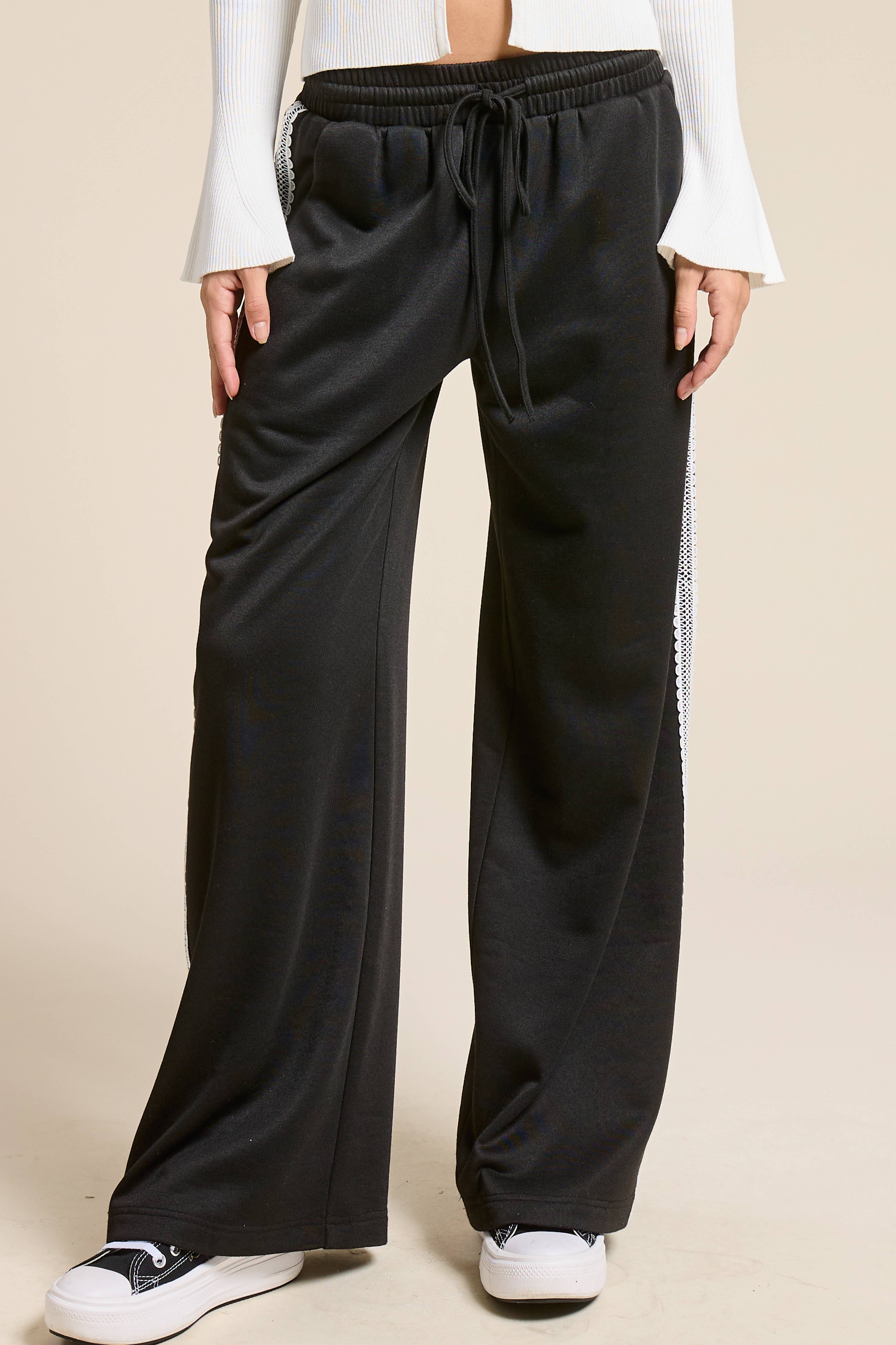 Black Lace Trim Wide Leg Track Pants with Drawstring Waist for wholesale on Faire1