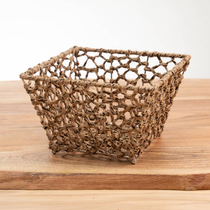 Woven Natural & Black Jute Net Iron Wrapped Square Basket for wholesale by India Handicrafts Inc