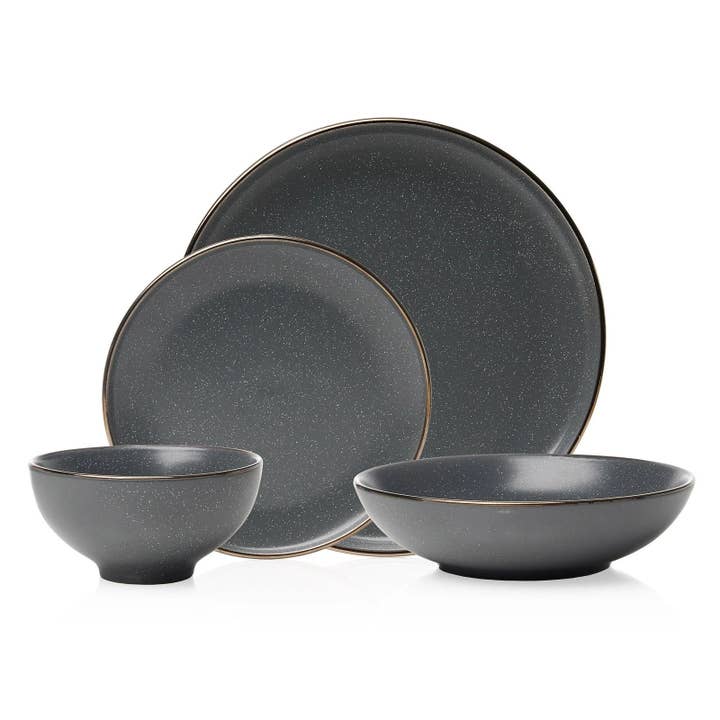 Godinger - Wholesale Dinnerware Set - Beaumont Grey Gold Rim 16 Piece Dinnerware Set