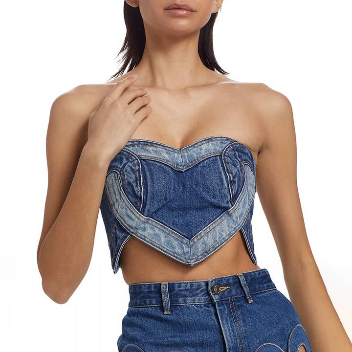 Women's sexy denim top blue heart stitching tube top for wholesale by Tourtiwi