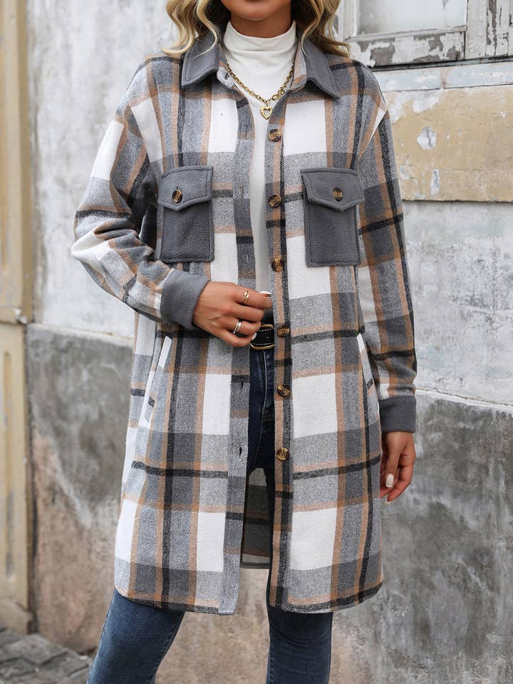 Masyal - Wholesale Shirt Jacket/Shacket - Women's - Autumn and winter retro brushed long plaid shirt jacket3