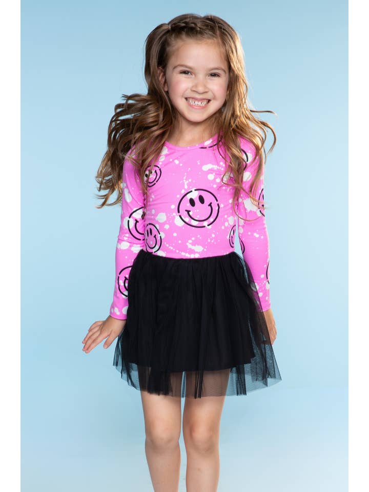 Simply Soft Long Sleeve Be Happy Tulle Dress - Pink Splatter Smile for wholesale on Faire