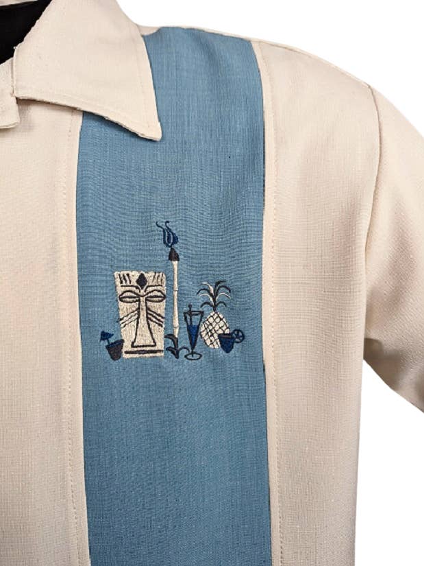 Steady Clothing - Wholesale Button Down Shirt - Men's - The Mickey Bowling Shirt in Cream with Aqua1