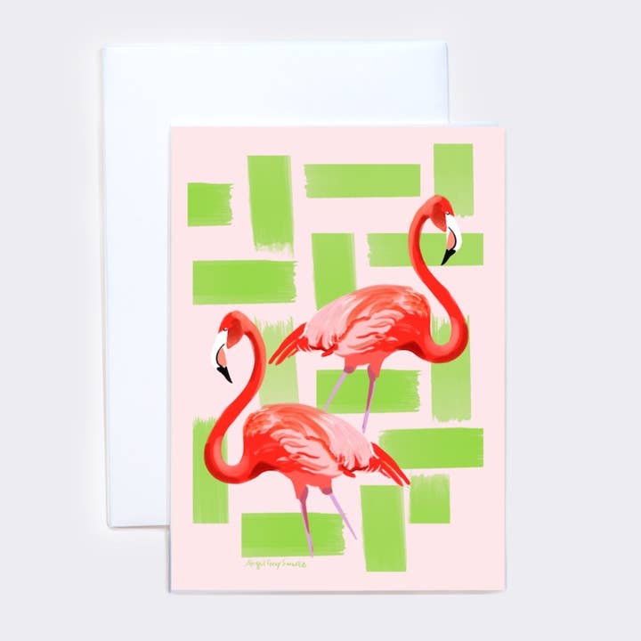 Gray Day Studio - Vente Carte de vœux classique - Flamants roses, carte de voeux illustrée colorée0