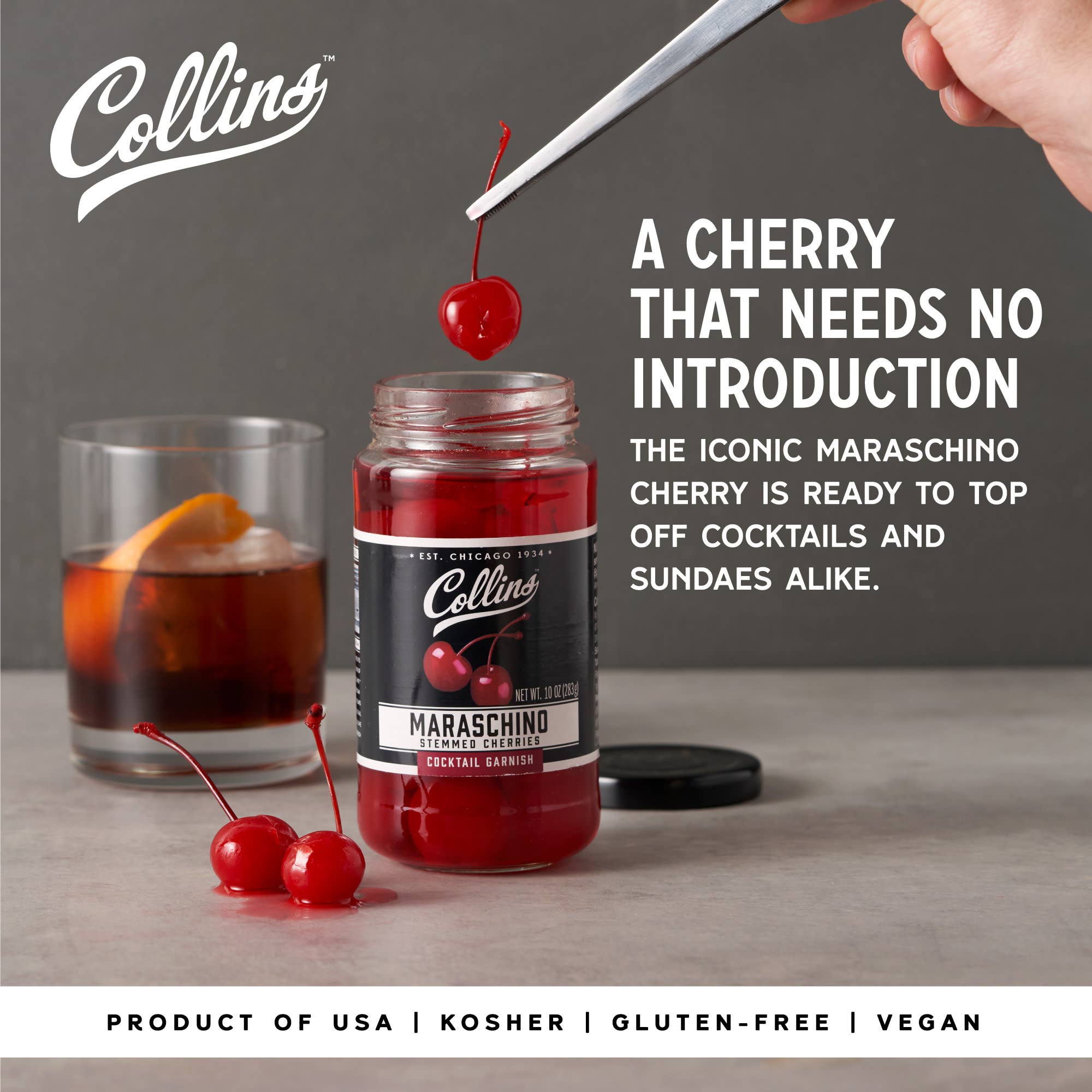 Collins - Wholesale Cocktail Mix/Syrup - Stemmed Maraschino Cherries Cocktail Garnish 10 oz1
