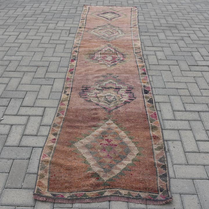 Vintage Brown Geometric Rug, Handmade Area Rug 2.7x10.6 Ft for wholesale by Vintage Rugs Loom
