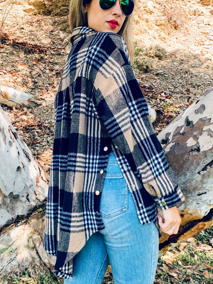 (PLUS SIZE) Navy Plaid Print Side Button Oversized Shacket for wholesale by AMOLI