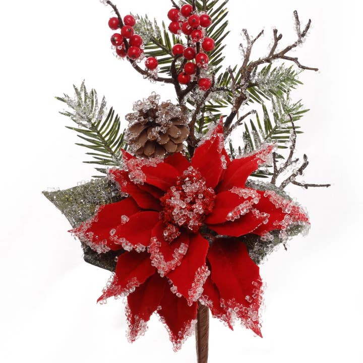 Larksilk - Wholesale Christmas Decoration - 16" Iced Red Poinsettia Pine Pick, Faux Christmas Decor