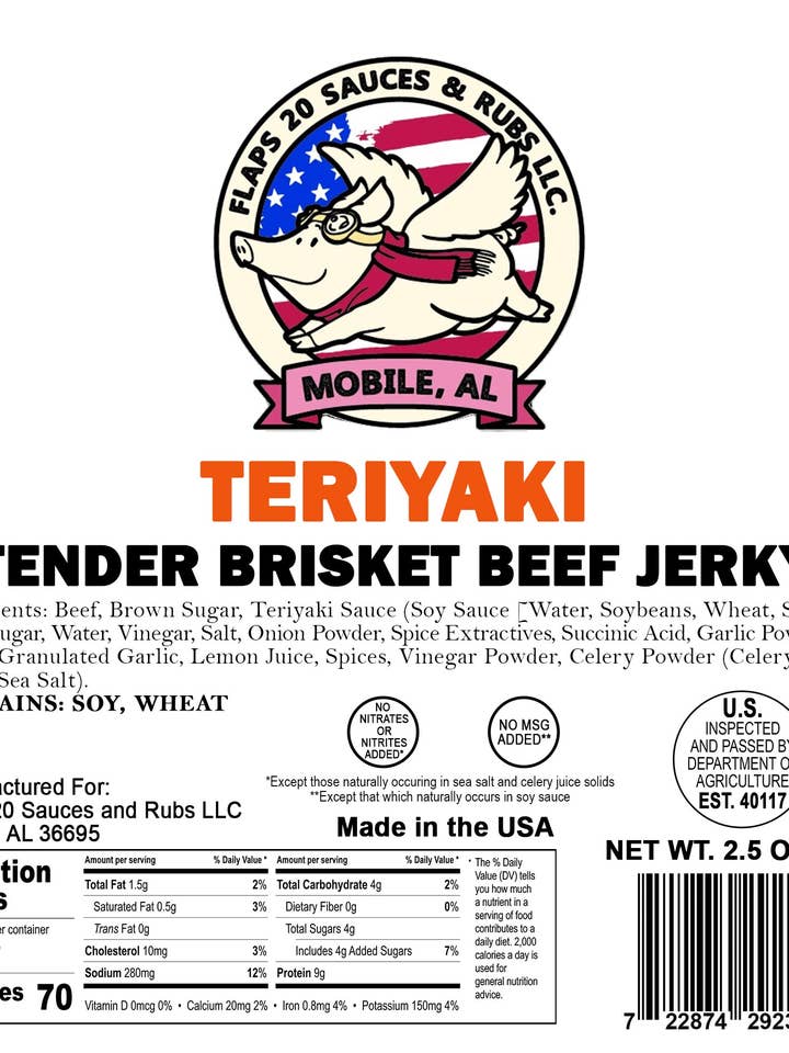 Teriyaki Brisket Jerky for wholesale by Flaps 20 Sauce and Rub
