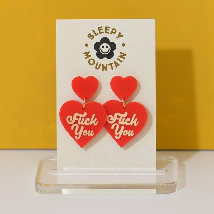 F U Double Heart Dangle Earrings for wholesale by Sleepy Mountain