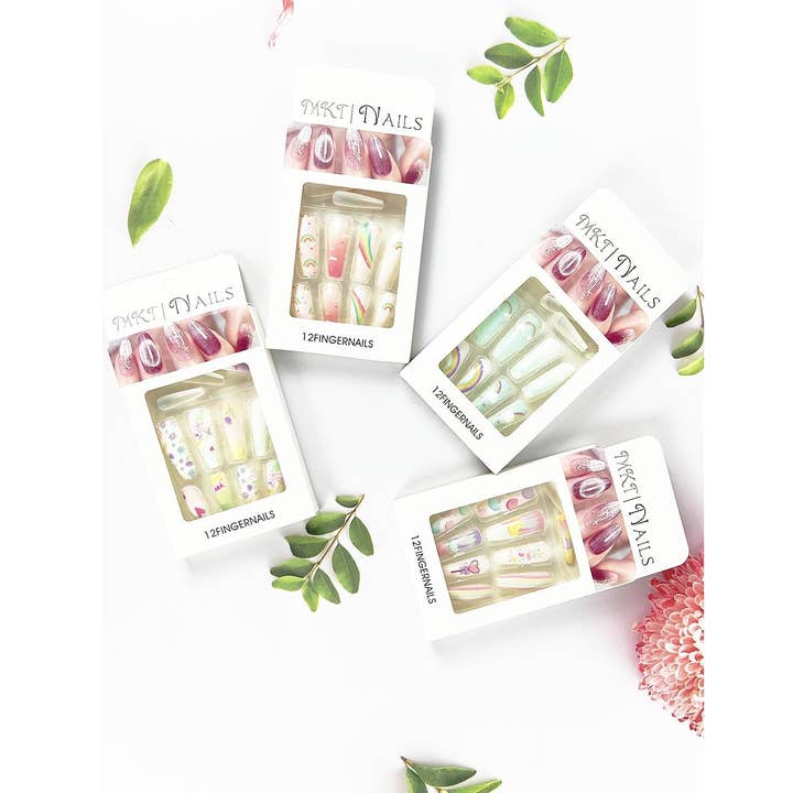 LONG COFFIN SHAPED PRE GLUED NAIL OF VALENTINE RAINBOW PRINT for wholesale by JHP Collection