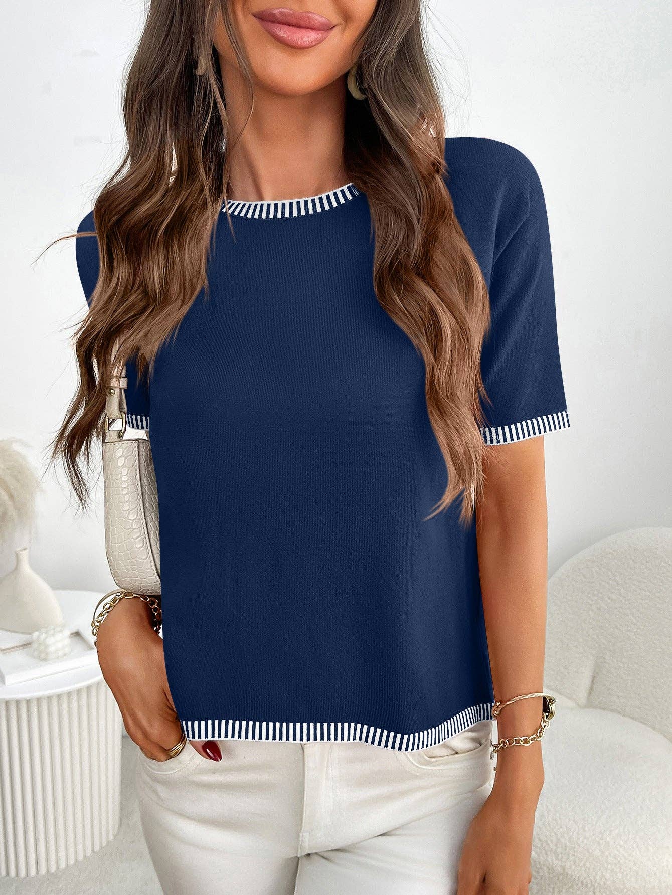 Lovesoft - Wholesale Knit Top - Women's - Women’s Striped Trim Short Sleeve Knit Top Pullover Tee8