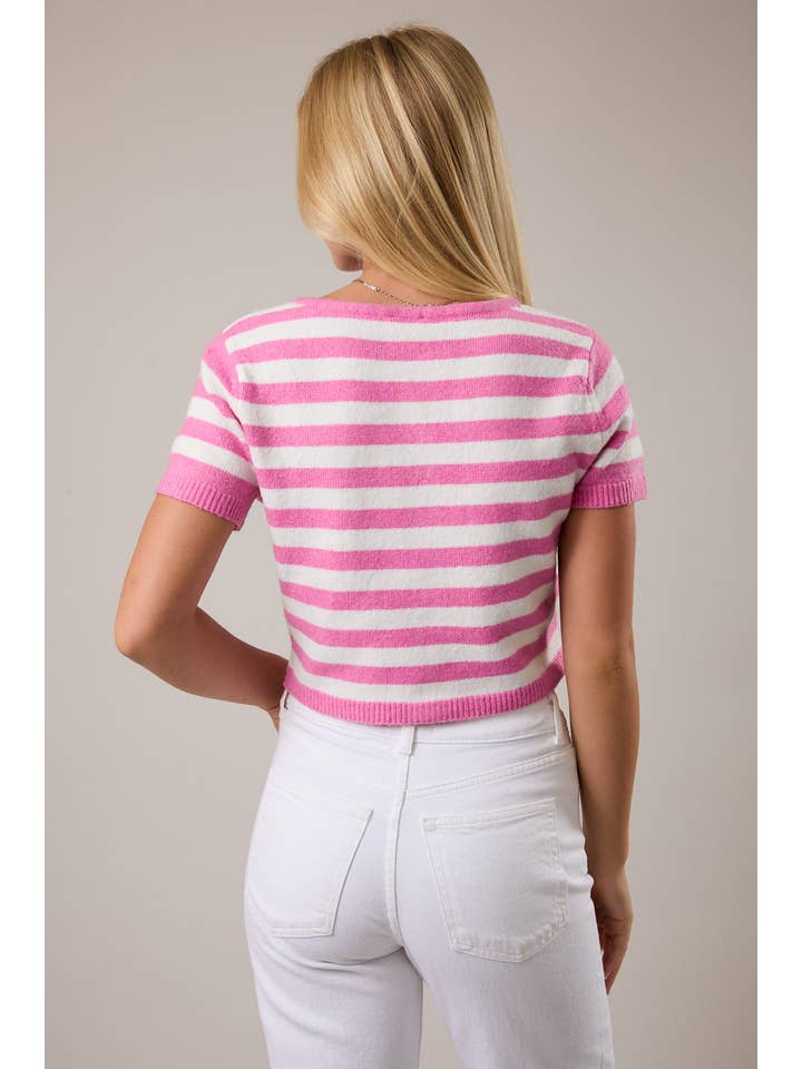 LE LIS - Wholesale Knit Sweater - Women's - SHORT SLEEVE ROUND NECK STRIPED SOFT SWEATER CROP TOP8
