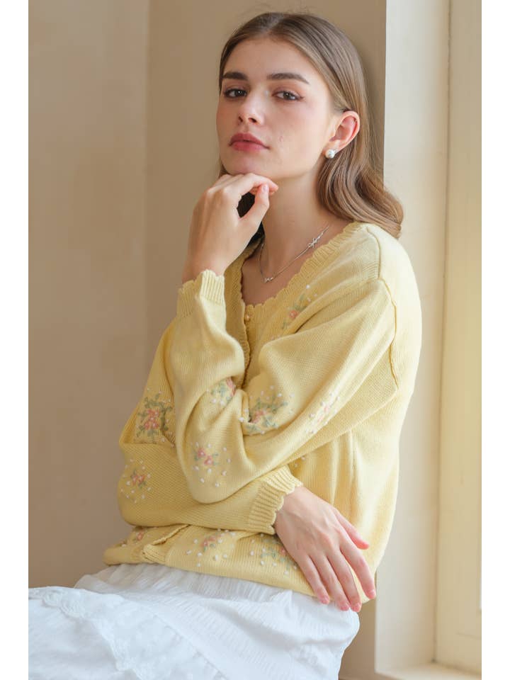 ROSIE POSIE - Wholesale Cardigan - Women's - RP2554 - Scalloped Hem Cardigan with Floral Embroidery3