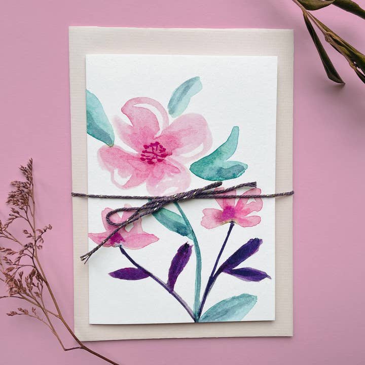 Grußkarte / Klappkarte Blumen / Motiv handgemalt / EcoPrint für den Großhandel von Elena Klein