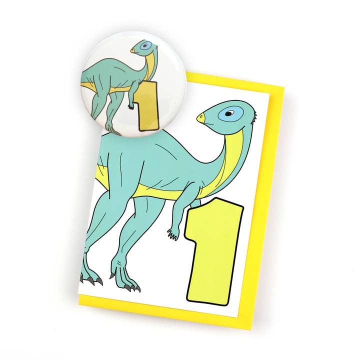 Number One Dinosaur Greeting Card and badge for wholesale by Dinosaurs Doing Stuff