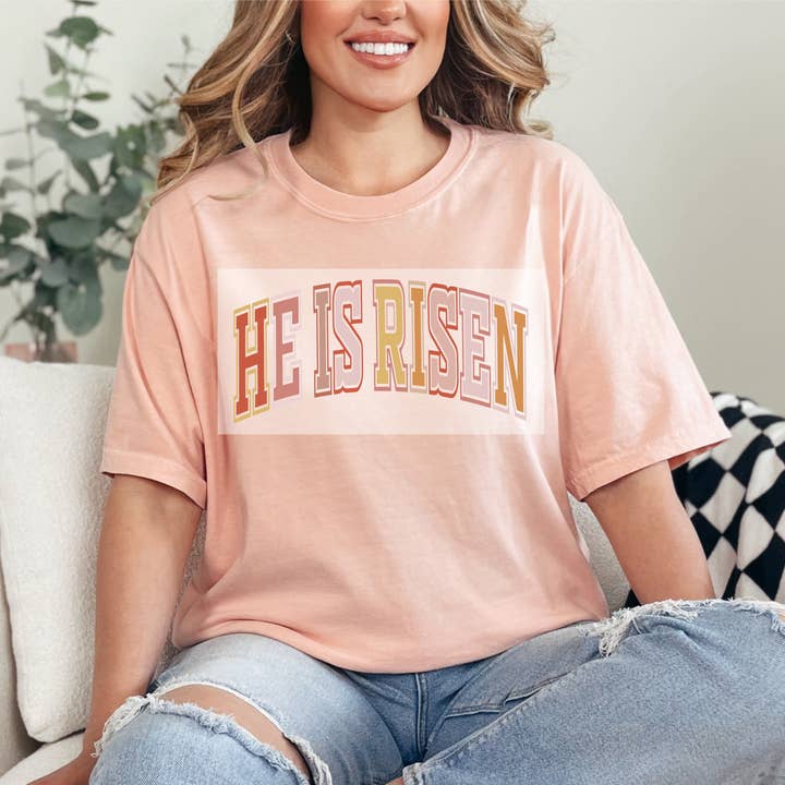 He Is Risen Multi Color Varsity DTF TRANSFER for wholesale by Faith Forward Transfers