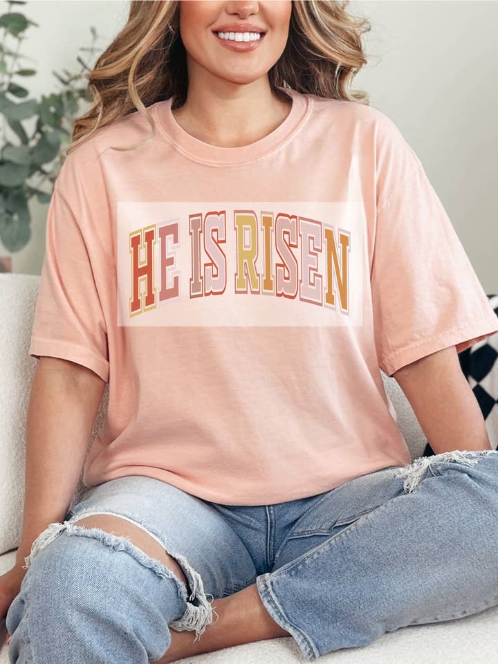 He Is Risen Multi Color Varsity DTF TRANSFER for wholesale by Faith Forward Transfers