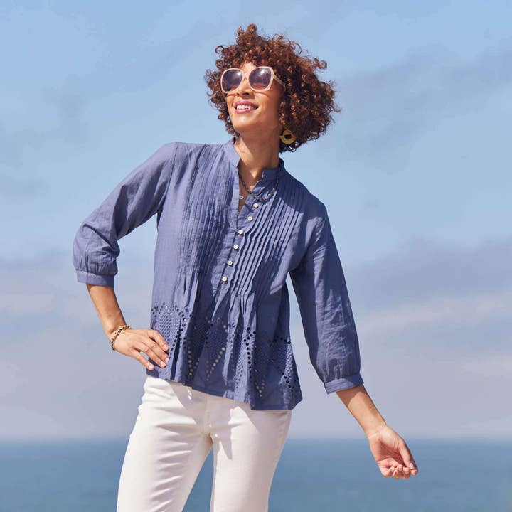 rockflowerpaper - Wholesale Tunic - Women's - Blue Pintuck Tunic With Eyelet Hem