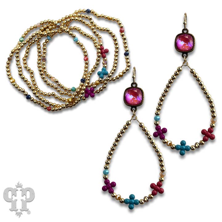 Pink Multi-color flower bead earring with Austrian crystal for wholesale on Faire