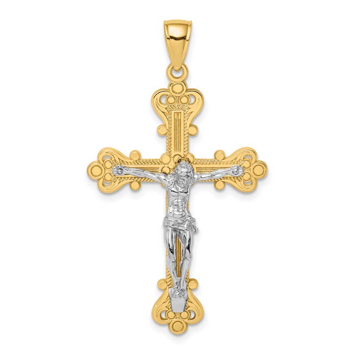 10k Two-Tone Engraved Crucifix Charm for wholesale by Sophia Jewelers
