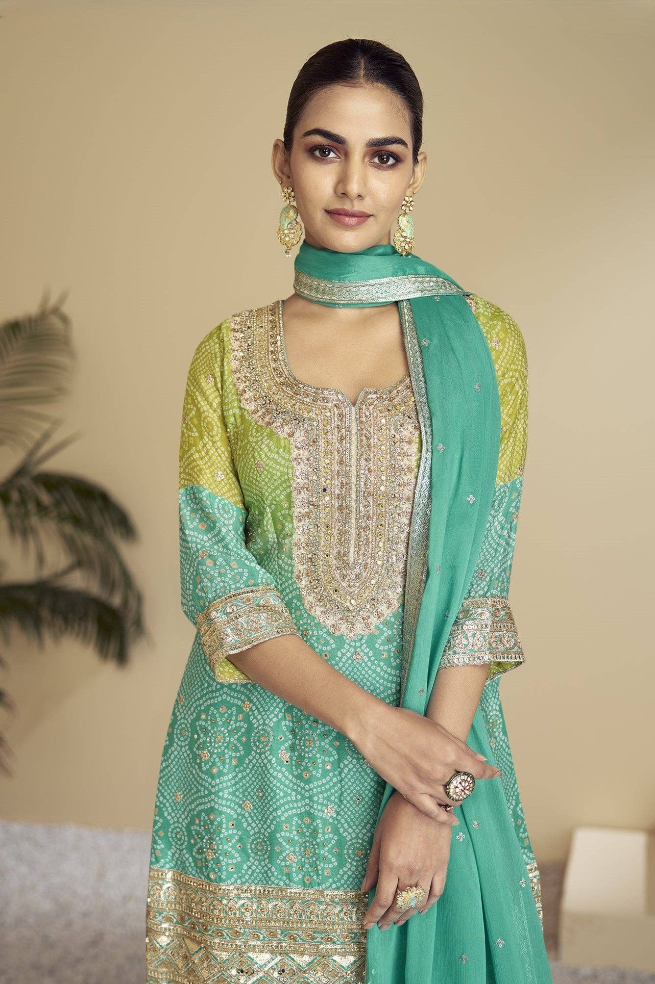 HATKE BRIDE - Wholesale Top & Pant Set (NOT Loungewear) - Women's - Green Dual Color Chinon Silk Bandhani Style Pattern Palazzo Suit For Indian Festivals & Weddings - Embroidery Work, Mirror Work, Print Work1