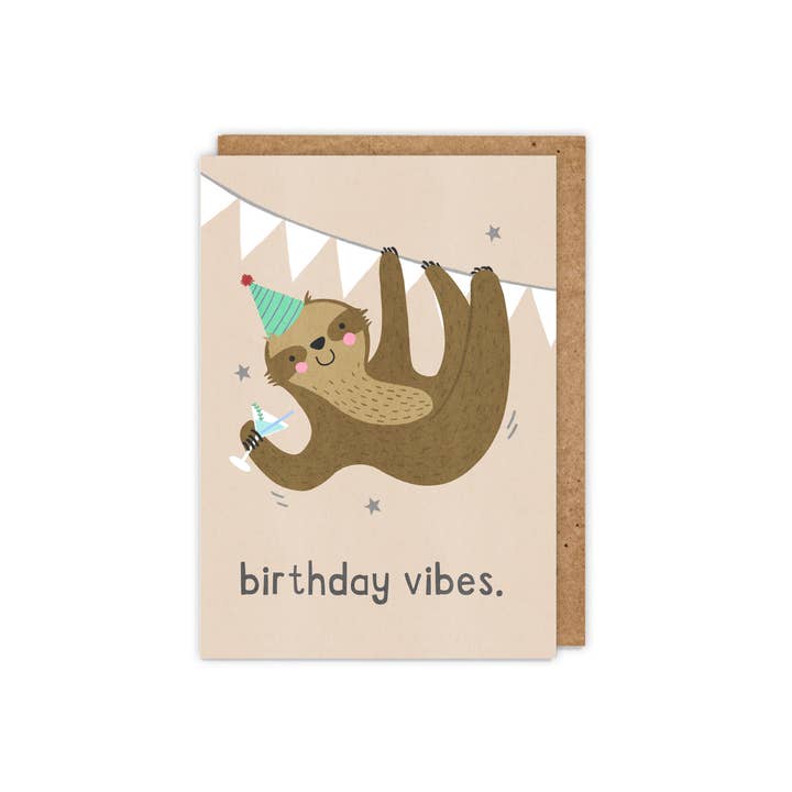 Birthday Vibes. Fun illustrated cocktail sloth birthday card for wholesale by Zoe Spry