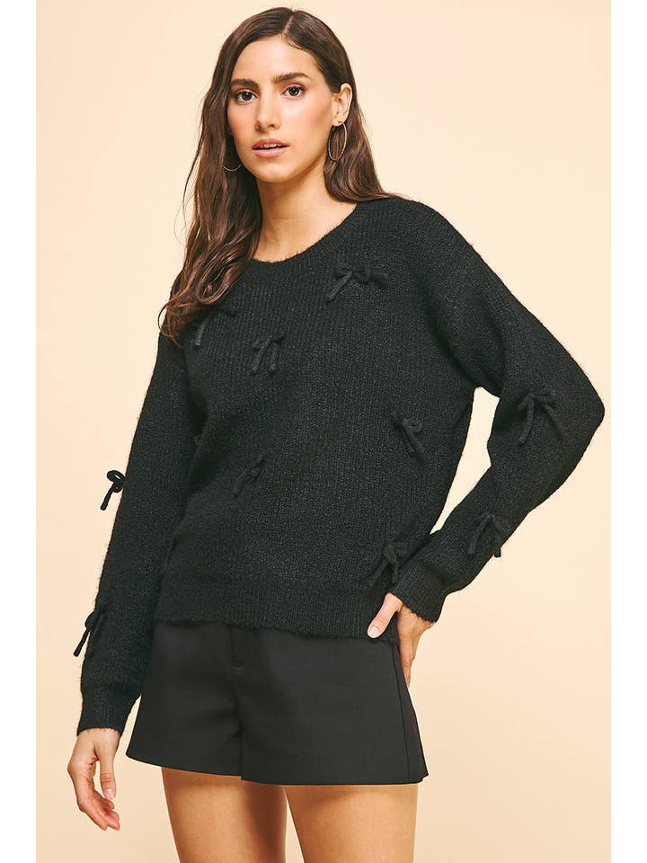 PINCH - Wholesale Knit Sweater - Women's - RIBBON EMBELLISHMENT SWEATER TOP - BLACK