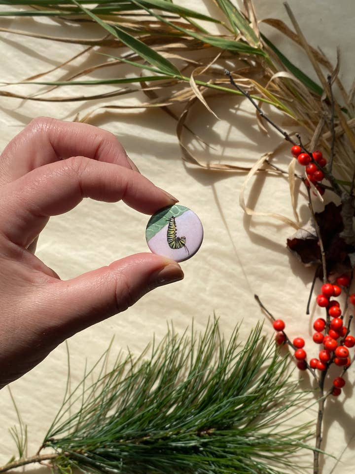Monarch Caterpillar "J" on 1" Pin Button for wholesale by Rebekah Lowell Creative Studio