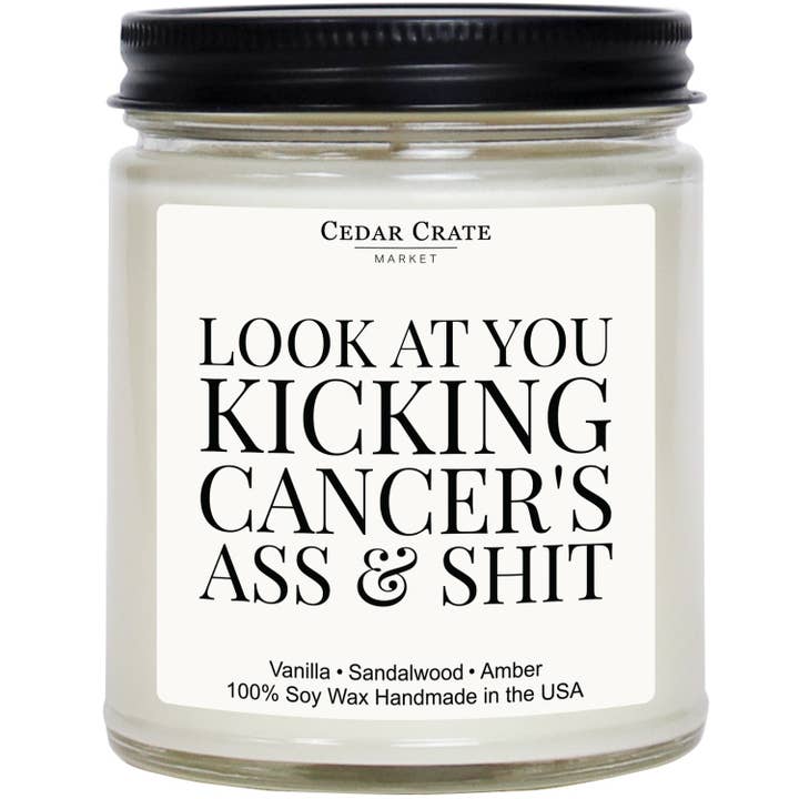 Look At You Kicking Cancer's Ass & Shit White Jar Candle for wholesale by Cedar Crate Market